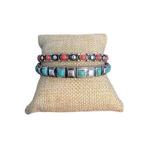 Vintage Set 2 Silver Tone Bangle Bracelets Coral Turquoise Color Stones Estate